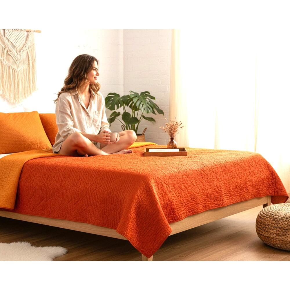 Pine Cone Hill Tangerine Orange Reversible Quilt Coverlet Full/Queen, 94 x 84